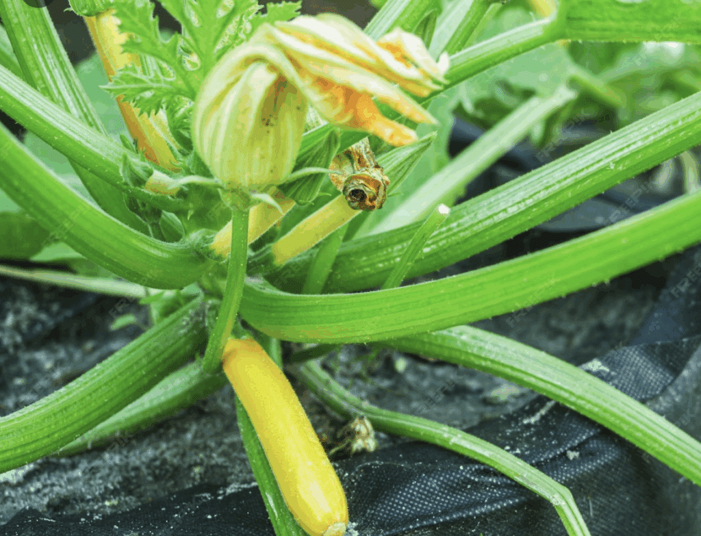 summer squash plant with 5 immature squash and one male blossom in a black cloth pot